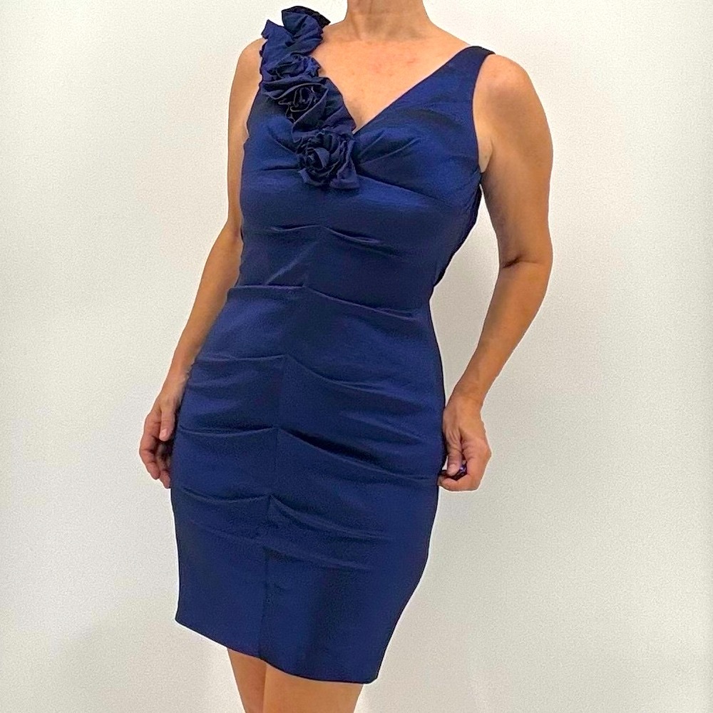 Xscape by Joanna Chen Y2K Iridescent Ruched Textured Cocktail Evening Dress